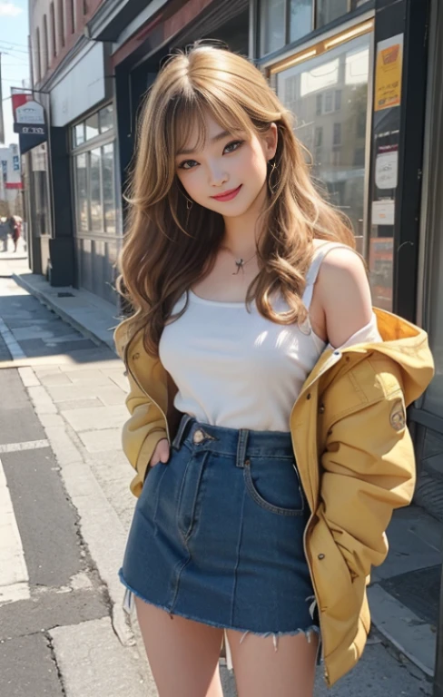 highest quality、masterpiece、ultra high resolution、Photoreal、RAW photo、1 girl、sexy look、shoulder hair、The lower half is curled and sauvage、cute smile like a model、frontage、Hair color is blonde、Tight mini skirt in yellow、Ordinary high heels、eyes are double、wear mascara、Cute pose like a model、cute face、Gorgeous like a model、ultimate beauty、cute smile、bright smile、Masseter muscle part、highest quality、Clothes suitable for winter、trendy down jacket、Downtown townscape、sunny day、photo shoot、very cute sexy girl、