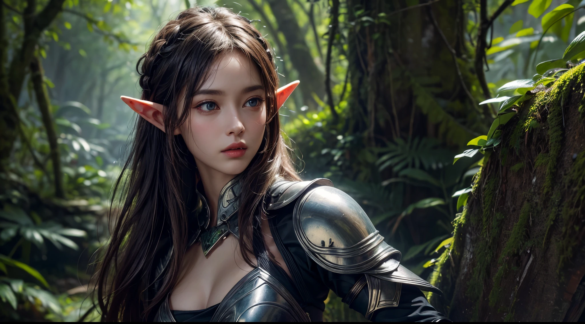 original photo, (best quality:1.3), high resolution, (masterpiece), (lifelike:1.4), Professional photography, sharp focus, high dynamic range, 8K resolution, intricate details, Exquisite details, depth of field, Extremely detailed CG unified 8k wallpaper, masterpiece,poster,best quality,official art,(Beauty and aesthetics:1.2),(masterpiece:1.3),female elf,Lightweight leather armor,Complex patterns,Dense rainforest,medium distance photography,(Early morning fog),dramatic