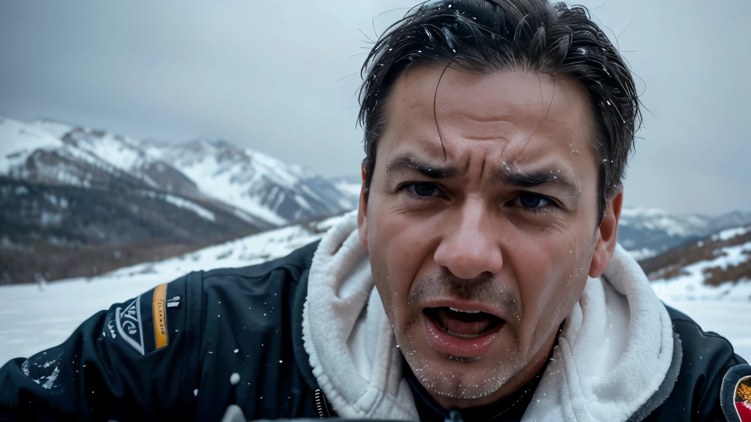 close-up view of middle-aged man, airplane pilot, screaming in pain and with an expression of determination, lying on top of a snow-covered mountain