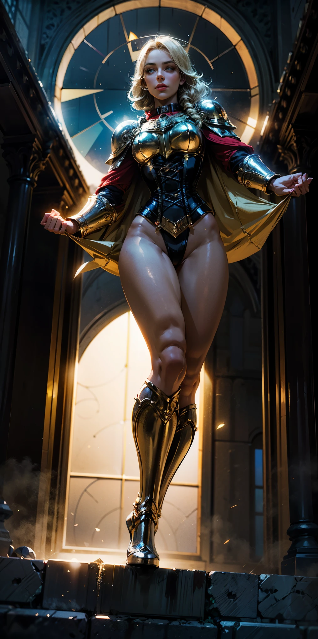 far shot, from below, full body of paladin lady in ornate golden armor, black collar, pauldrons, breastplate, corset, glowing halo, single braid, blonde, yellow glowing eyes, bright pupils, eye focus, red cape, temple indoors, stained glass windows, night, moonlight, particles, light beam, chromatic aberration