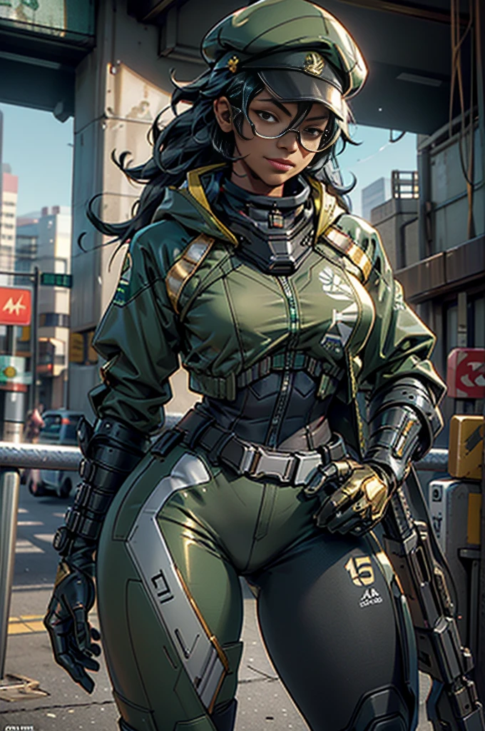 a close up of a woman smirking and she holding a rifle in a city, 1girl with techwear jacket, beret hat, paintball goggles, afro hair, (((dark skin woman of Asian descent))), sexy tech clothes, big breasts, thick thighs, wide, hips,  holding sniper rifle, cabelo longo preto, superdetalhado, super sharp, abstract scifi background, ray tracing, cinematic lighting, (gold:1.5, emerald green:1.3 black:1.4), inspired by Ana from Overwatch