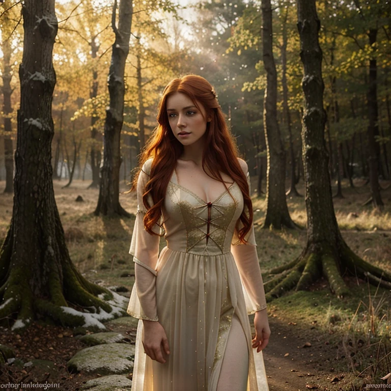 Beautiful firey red haired maiden ,bathed in golden light in a celtic winter woodland, she embodies the goddess Brigid, snowdrop flowers burst through patches of snow, mist, magical lighting. pre-raphaelite masterpiece, Extremely beautiful young fantasy princess in aesthetic forest, Glow, archs, red hair, Backlit hair, Photorealistic, Dreamy, soft focus effect ,Sheer dress