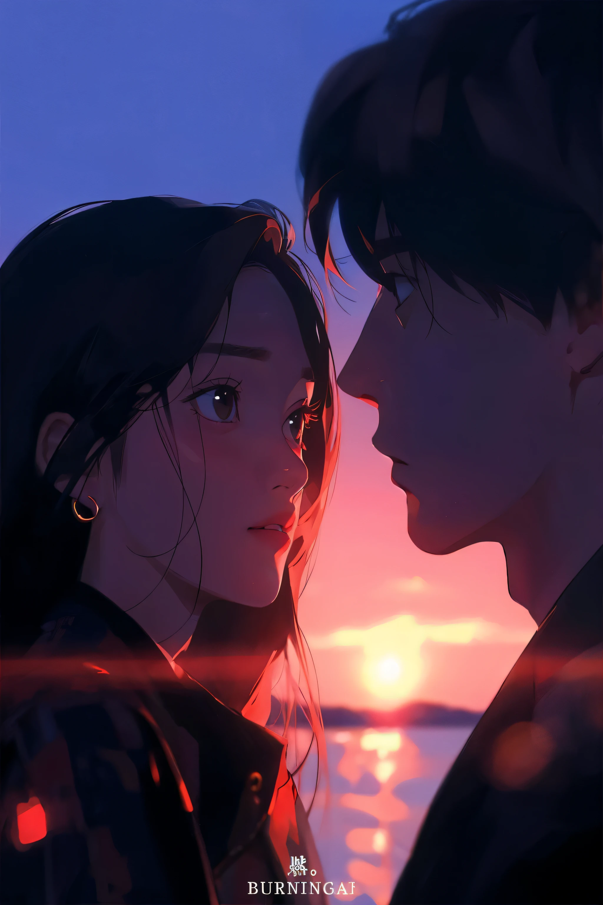 Animated couple looking at each other at sunset, Guweiz style art work, Ilya Kubshinov landscape, With sunset, With the setting sun, high quality fan art, anime picture, gorgeous romantic sunset, beautiful animation, digital art Ilya Kubshinov, sakimichan and makoto shinkai, ( Ilya Kubshinov ), warm and beautiful scene