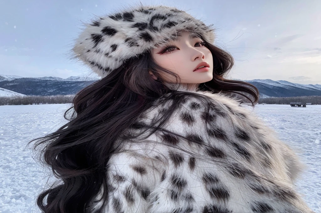 araffe vistiendo un sombrero de piel y un abrigo de piel en la nieve, xisionwu, gemma chen, black and piel blanca, con el pelo largo y blanco, traje de piel, chen xintong, lulú chen, asian girl with long hair, bae suzy, pelaje esponjoso y esponjoso, Siberia!!, hermosa mujer surcoreana, pelaje hiperrealista, piel blanca y ojos violettas