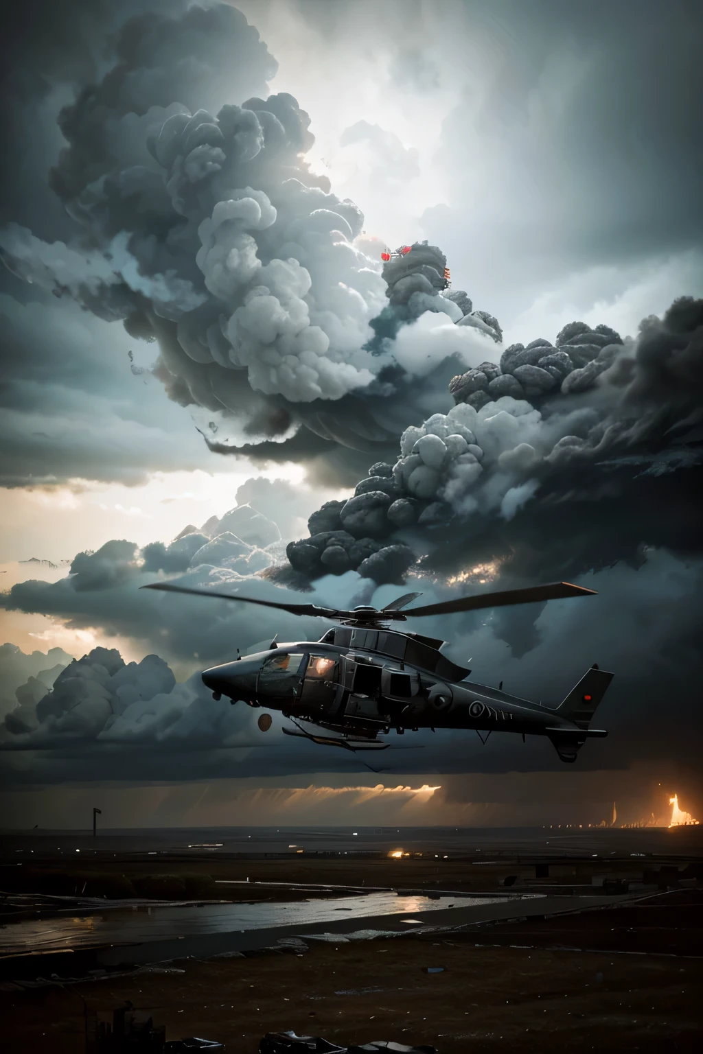 cinematographic, Escenario de guerra, on a cloudy and stormy day, tarde desolada, a war helicopter heads towards the horizon, futurista, ciberpunk