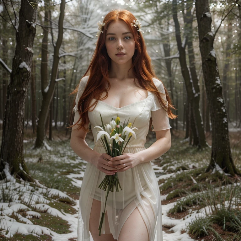 Beautiful firey red haired maiden holding bouquet of snowdrops, bathed in golden light in a celtic winter woodland, she embodies the goddess Brigid, snowdrop flowers burst through patches of snow, mist, magical lighting. pre-raphaelite masterpiece, Extremely beautiful young fantasy princess in aesthetic forest, Glow, archs, red hair, Backlit hair, Photorealistic, Dreamy, soft focus effect ,Sheer dress