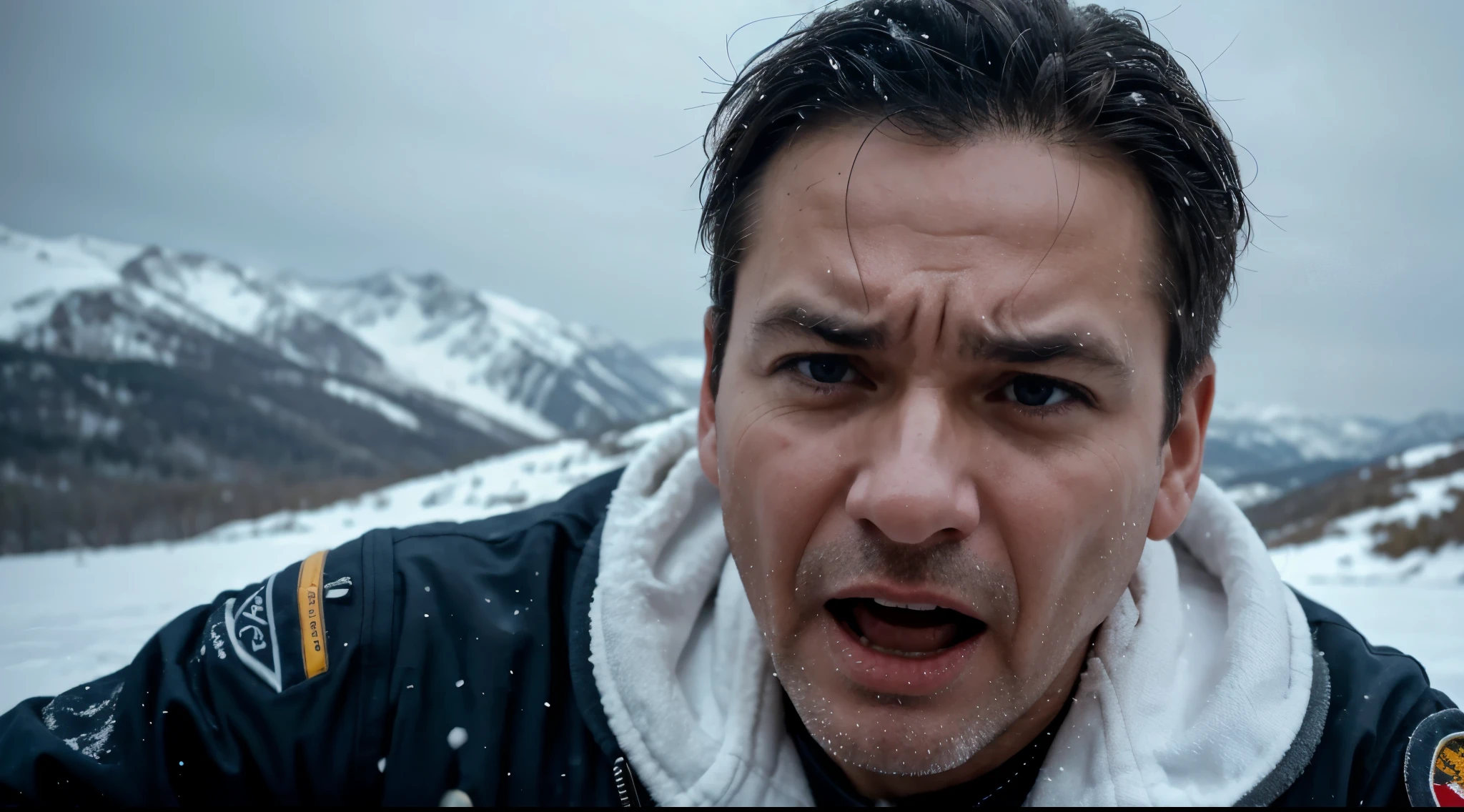 close-up view of middle-aged man, airplane pilot, screaming in pain and with an expression of determination, lying on top of a snow-covered mountain