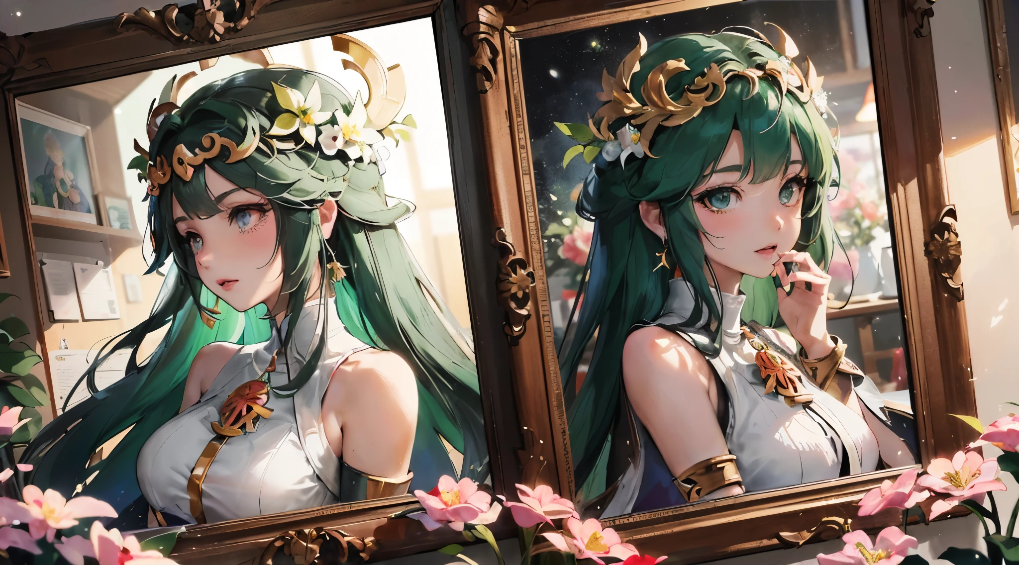 Anime characters and a photo of a woman are displayed on the wall, lady palutena, palutena, anime goddess, palutena smash, Non-dual God of Spring, Anime art nouveau universe display, Ayakashi original god impact, concept art of comiket cosplay, portrait zodiac knight girl, zodiac knight girl, Ayaka game genshin impact