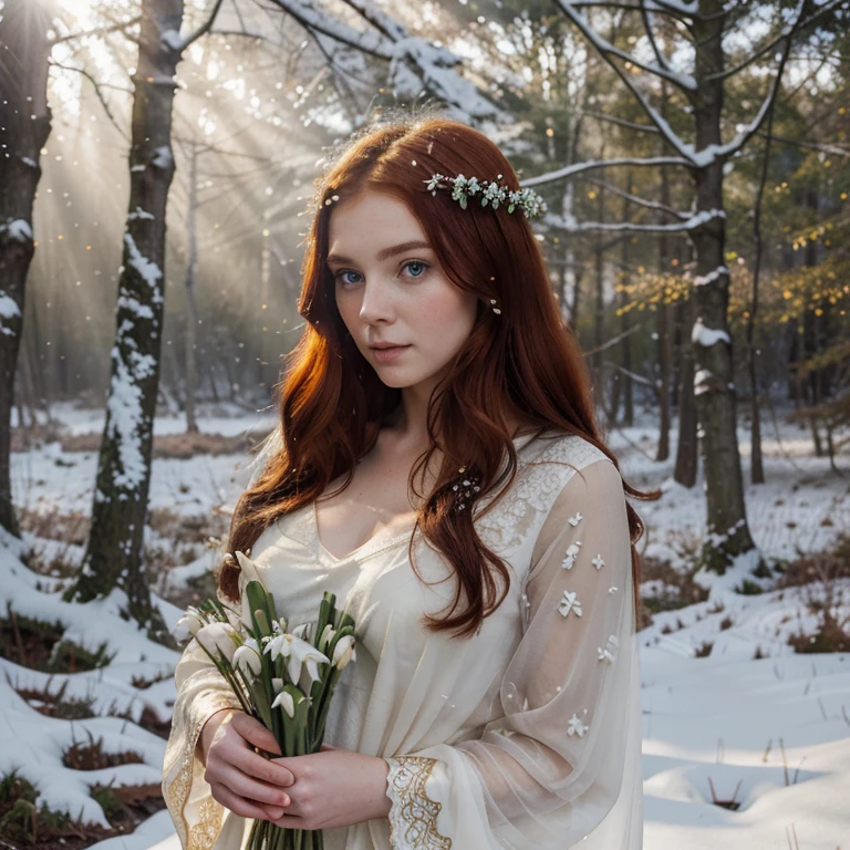 Beautiful firey red haired maiden holding bouquet of snowdrops, bathed in golden light in a celtic winter woodland, she embodies the goddess Brigid, snowdrop flowers burst through patches of snow, mist, magical lighting. pre-raphaelite masterpiece, Extremely beautiful young fantasy princess in aesthetic forest, Glow, archs, red hair, Backlit hair, Photorealistic, Dreamy, soft focus effect ,Sheer dress