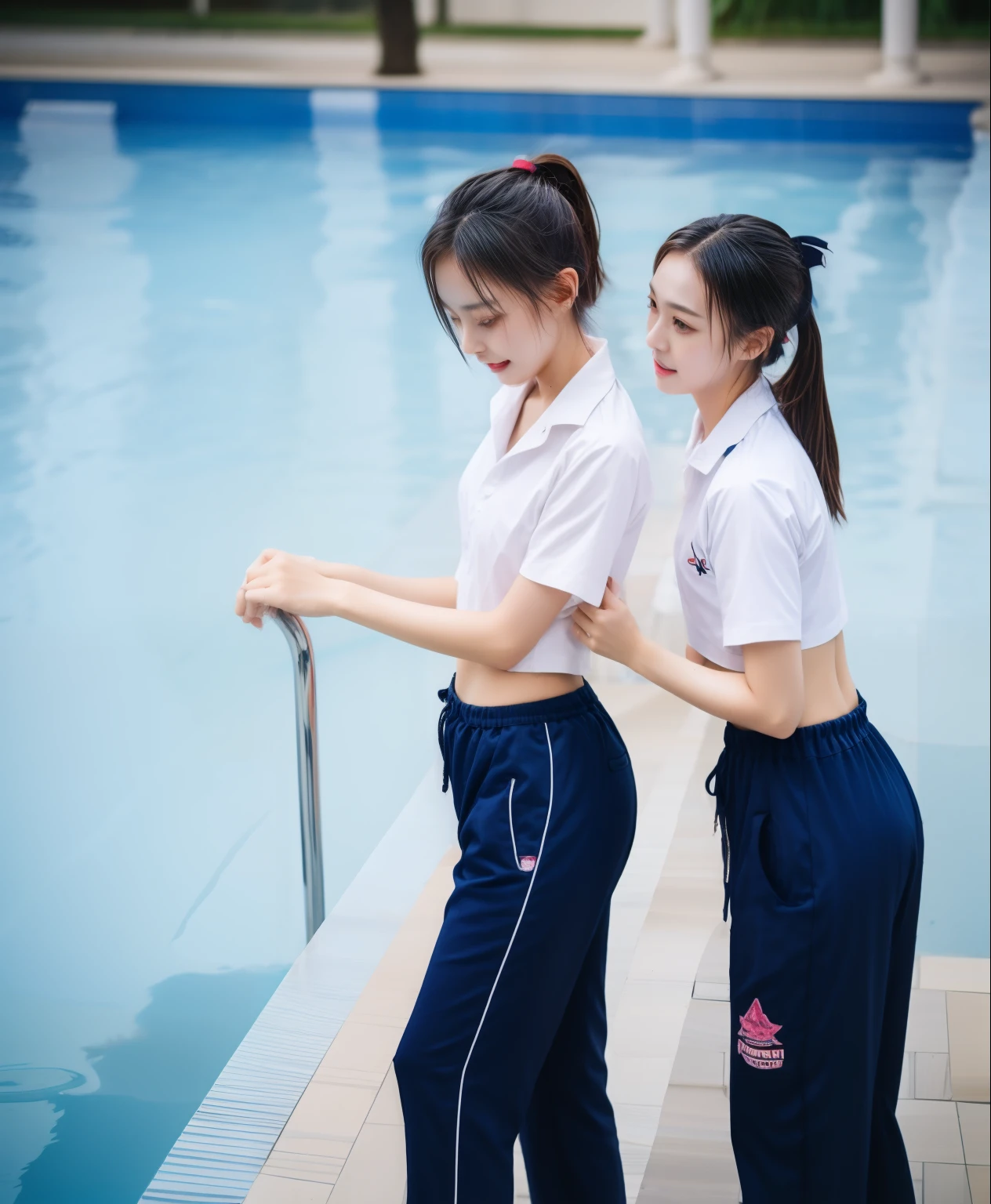 2 girls in the swimming pool, Navy blue short-sleeved shirt,Navy Long Trackpant,Sweatpants, Sweatpantsขายาว,25 year old girl, lesbian, sexy, exercise clothes, wet body