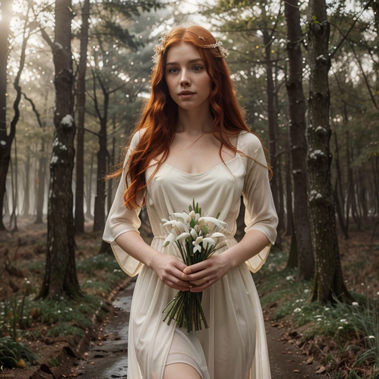 Beautiful firey red haired maiden holding bouquet of snowdrops, bathed in golden light in a celtic winter woodland, she embodies the goddess Brigid, snowdrop flowers burst through patches of snow, mist, magical lighting. pre-raphaelite masterpiece, Extremely beautiful young fantasy princess in aesthetic forest, Glow, archs, red hair, Backlit hair, Photorealistic, Dreamy, soft focus effect ,Sheer dress