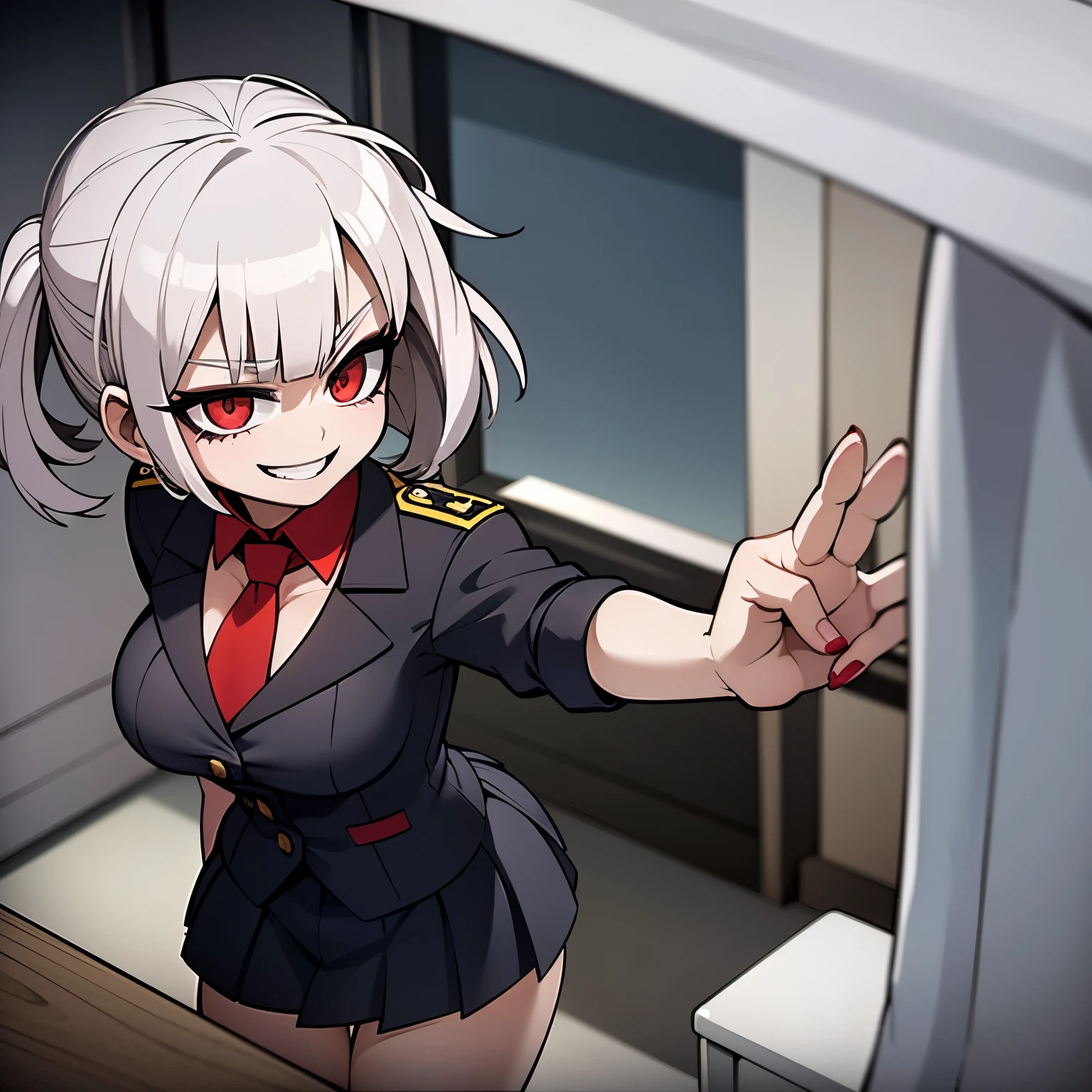 Anime style image of a girl with short white hair, red eyes, big breasts and a sadistic and crazy smile, she is wearing a uniform, a very tight schoolgirl uniform, and she is in a classroom.