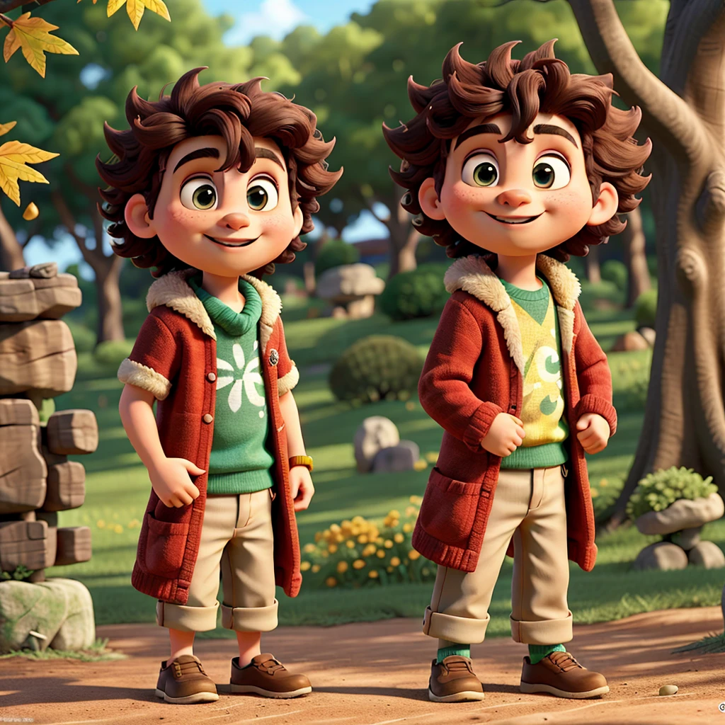 Tommy, a boy with a curly mop, cabelos beijados pelo sol e brilhantes, Olhos redondos, senta-se confortavelmente sob os galhos extensos de um majestoso carvalho. Keeping up with you is Nutty, a lively, talkative squirrel with fur as rich and vibrant as autumn leaves. Both are deeply engrossed in a captivating story, seus rostos iluminados pelo macio, tons dourados filtrando pelas folhas. The intricate details of their expressions, texturas de suas roupas, e as cores vibrantes da folhagem de outono os rodeiam, tudo renderizado em hiper-realista, 8k ultra high definition, Pixar style animation,