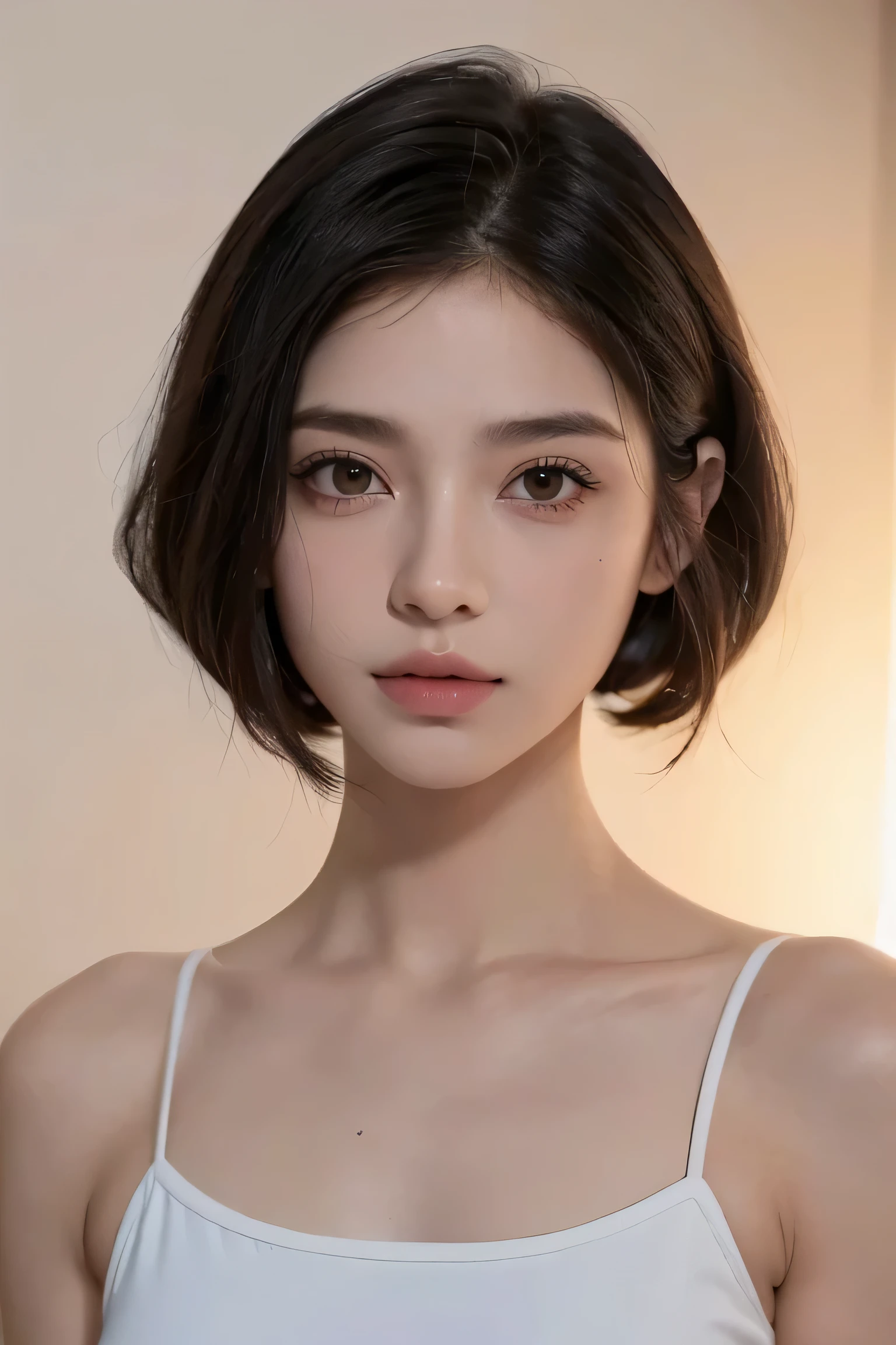 ((Mejor calidad, 8k,), cuerpo completo, 1 adorable , juvenil, (Peinados cortos), Atuendo de : fron view, Cara ultra detallada, ojos detallados, double eyelid, ojos saltones, balck eyes (Random aesthetic background) french bob hairstyle, viendo al frente, cuerpo recto, primer plano, rostro de frente 17 years old, solo rostro, piel realista, poros, cachetes rosa, mirada sexy, square jaw, defined jawline, pomulos marcados, mandibula muy marcada, zygomatic bone defined, deep black eye color, musculos maseteros muy definidos, ojos negros muy oscuros, mandibula perfilada 
