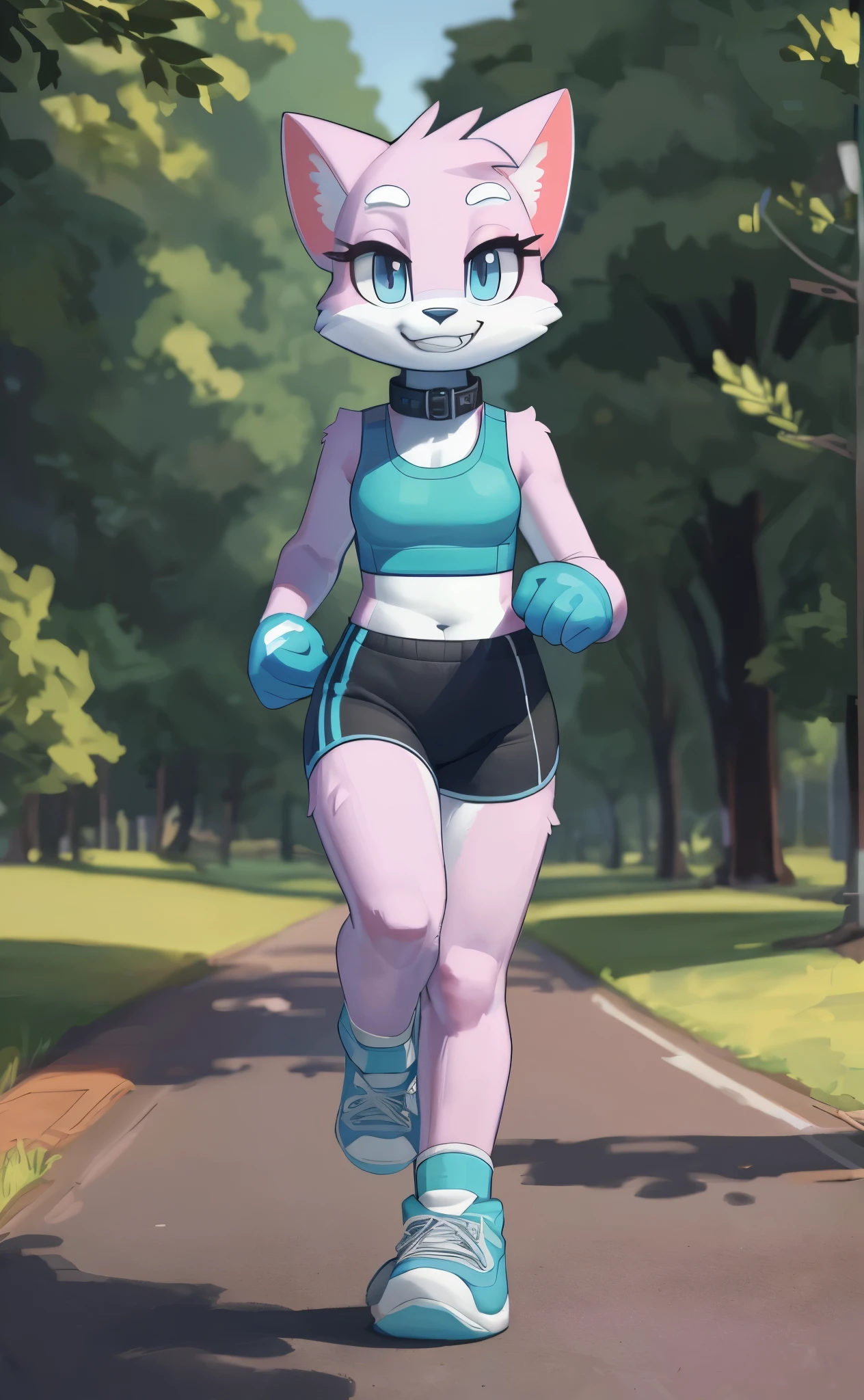 [Shima Luan], [planet dolan], [Uploaded to e621.net; (wamudraws), (Pixelsketcher)], [Uploaded to twitter.com: (@senip)], ((masterpiece)), ((HD)), ((high res)), ((solo portrait)), ((full body)), ((front view)), ((feet visible)), ((furry; anthro)), ((detailed fur)), ((detailed shading)), ((beautiful render art)), {female anthro cat; (pink fur), (cute light-blue eyes), (long eyelashes), (white eyebrows), (curvy hips), (beautiful legs), (cute grin)}, {(aqua-green sports bra), (black yoga shorts), (black collar), (white gloves), (aqua-green sneakers)}, {(jogging), (looking at viewer)}, [background; (park), (grass), (blue sky), (sun rays), (ambient lighting)]

