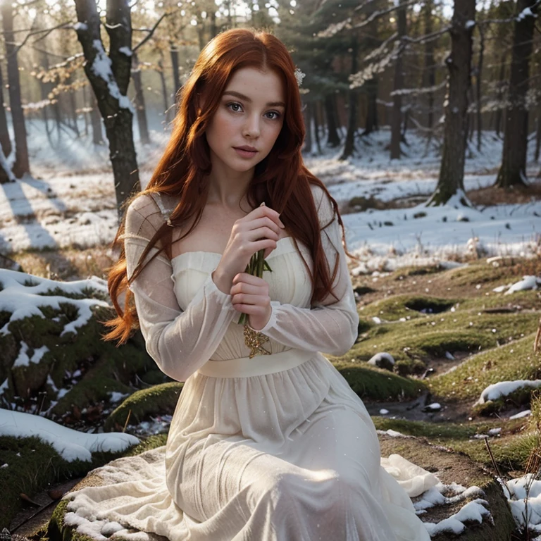 Beautiful firey red haired maiden seated, holding bouquet of snowdrops, bathed in golden light in a celtic winter woodland, she embodies the goddess Brigid, snowdrop flowers burst through patches of snow, mist, magical lighting. pre-raphaelite masterpiece, Extremely beautiful young fantasy princess in aesthetic forest, Glow, archs, red hair, Backlit hair, Photorealistic, Dreamy, soft focus effect ,Sheer dress