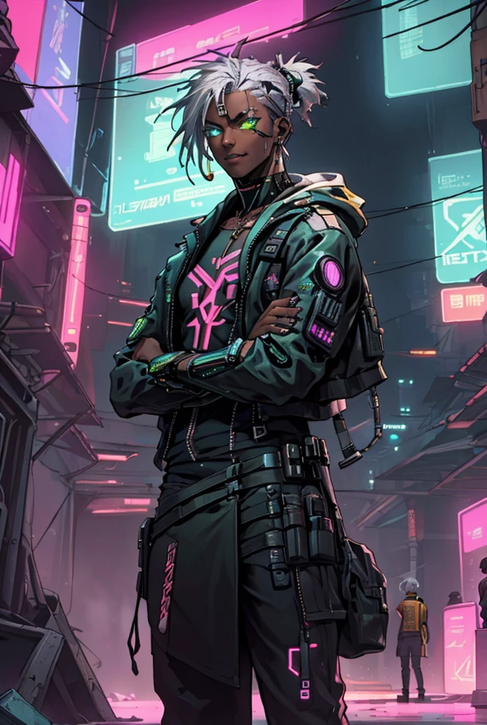 fully body photo, Cyberpunk dark skin man with silver hair shortcut, Black and yellow-green cyberpunk clothes, a cool, Photorealistic, Cinematic lighting、Luxury、being thin、Neon Blue eye color、crossing arms