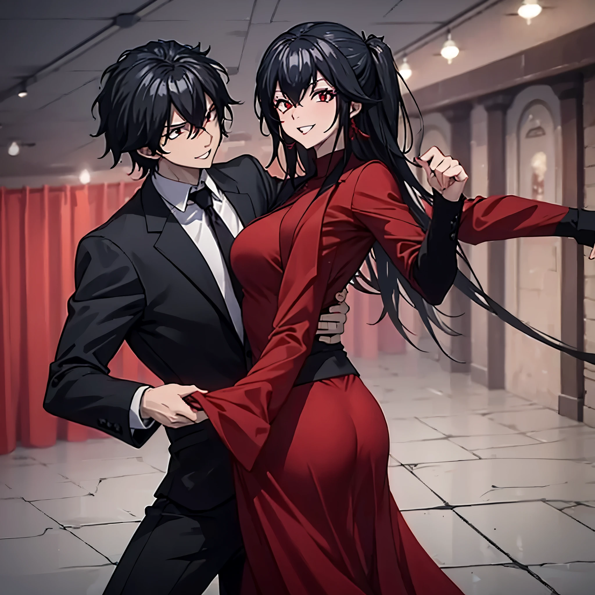 a man in a black suit dancing tango with a woman (red eye) in a red suit, smiling, in a dance hall.
