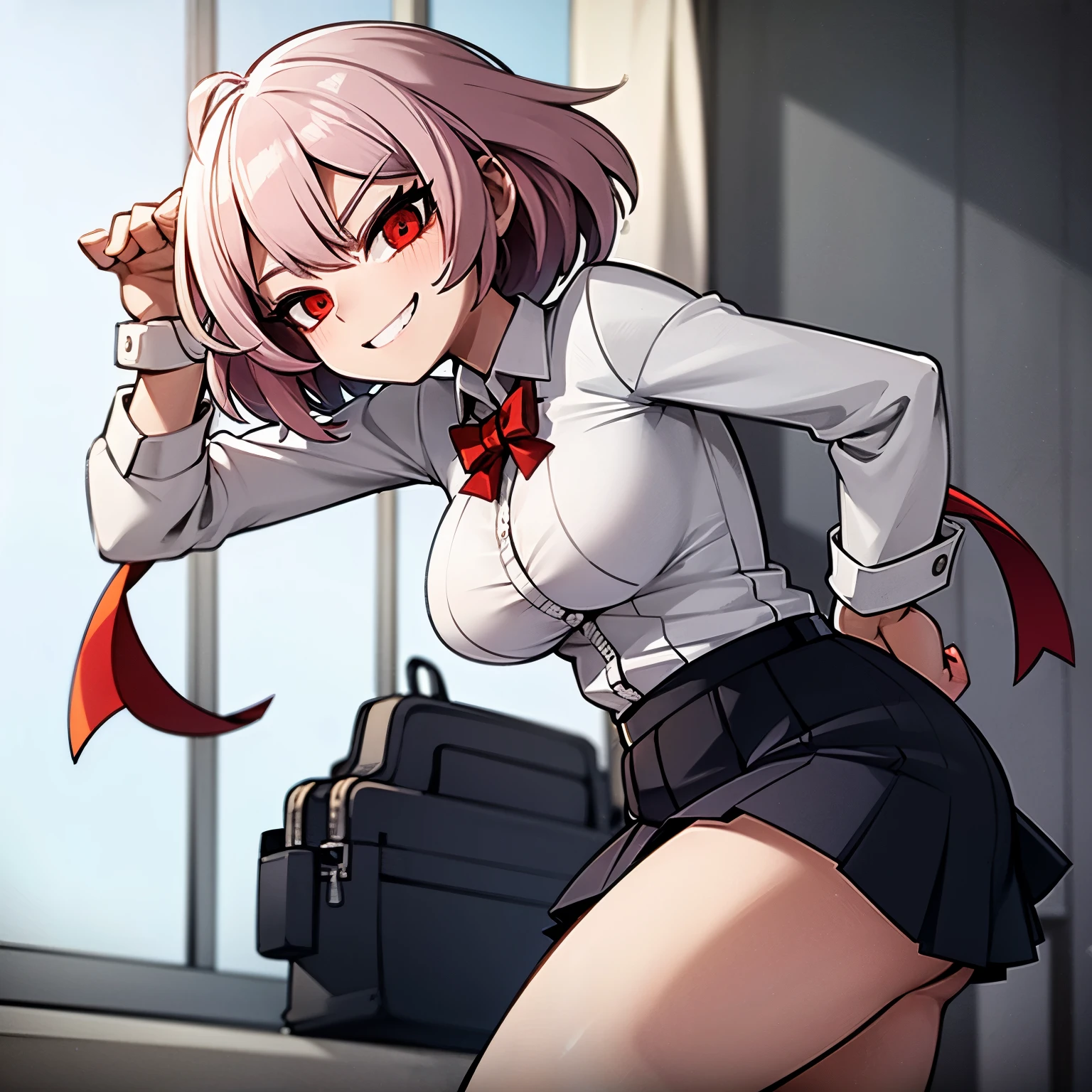 Anime style image of a girl with short white hair, red eyes, big breasts and a sadistic and crazy smile, she is wearing a uniform, a very tight schoolgirl uniform, and she is in a classroom. 