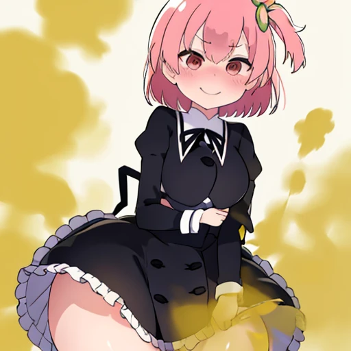 Highest image quality、(master piece:1.2)、detailed、Riri Ichiyanagi、1 girl、solo、pink hair、red eyes、fart、Are standing、a lot of gas、blush、black uniform、white inner、big breasts、Clover hair fastening、shy、put pressure on your face、loud fart sound、Feeling like diarrhea、Gas comes out of the butt、school classroom、cute pose、Satisfied smile