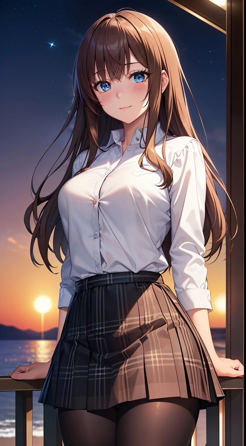 ((masterpiece, best quality, high resolution, ultra high definition, Pixel perfect, depth of field, 4K, RTX, human development report))), 1 girl, single, alone, sexy anime girl, beautiful art style, anime characters,see whole body, ((long hair, Bangs, brown hair)), ((blue eyes:1.4, round eyes, beautiful eyelashes, realistic eyes)), ((Detailed face, blush:1.2)), ((smooth texture:0.75, lifelike质感:0.65, lifelike:1.1, Anime CG style)), medium breasts, dynamic angle, Perfect body, ((portrait, Throw)), ((White shirt, black skirt, Plaid skirt, Black tights)),contented smile, bend forward,Show off your breasts,Seaside at night