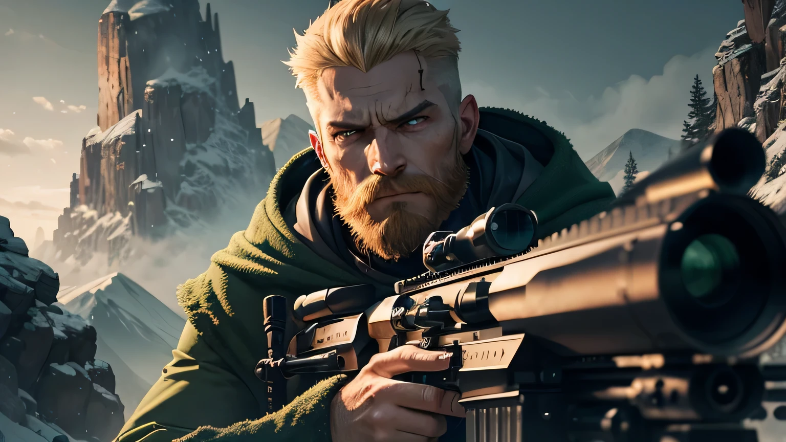 ((green mountains background)), Dark Fantasy Tech Demo, comic book Marvel style, man, antihero, menacing gaze, ((green cold coat)), ((holding a sniper rifle)), (blond hair short), (dark blond) beard and mustache), (short beard), cloak-like clothing, (survivor clothes), cinematic rendering, high dynamic range, RAW photo, (unreal mechanism), aesthetic, intricate, caustic, (aiming sniper rifle)
