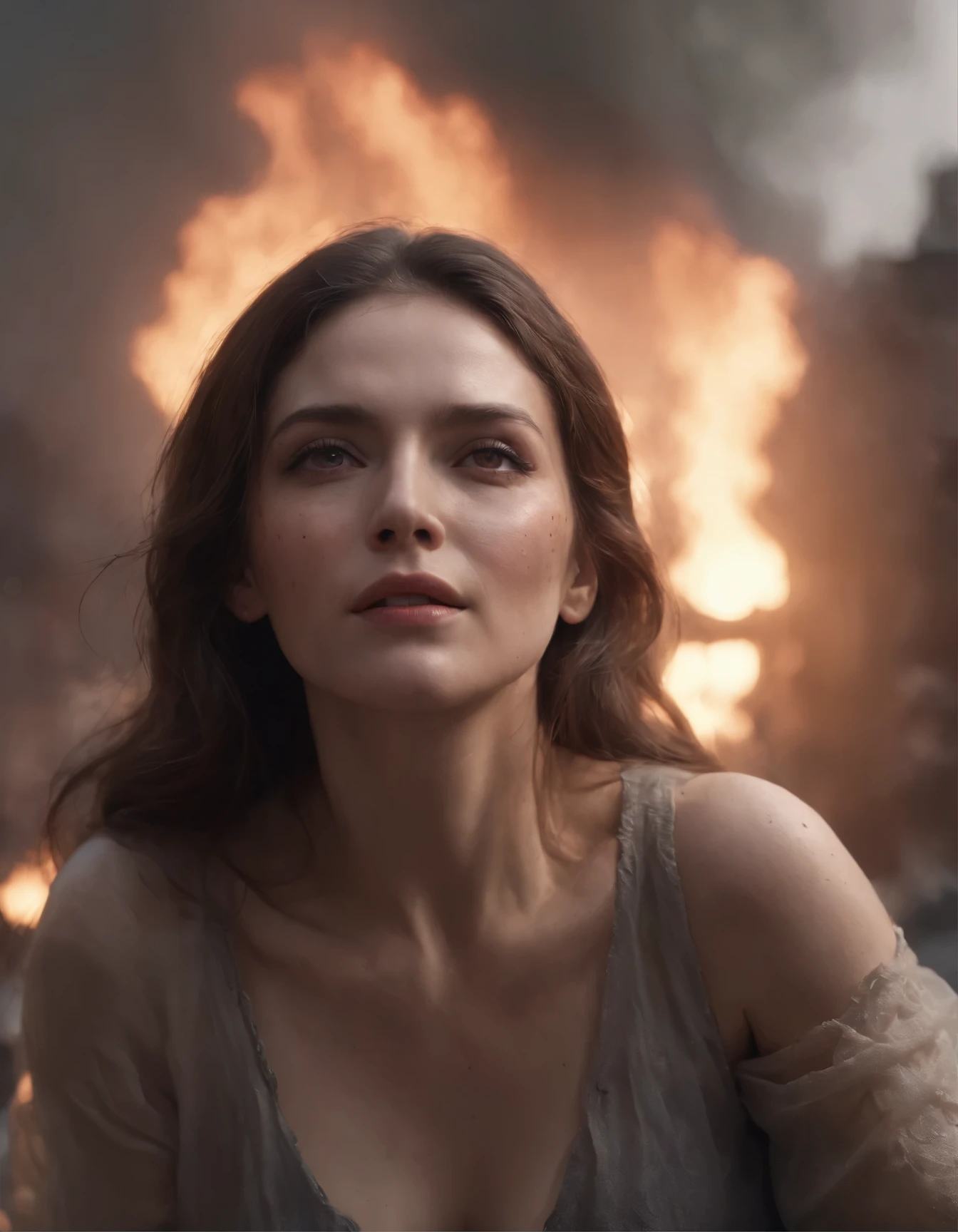 Ultra-realistic depiction of a milf, sitting with sorrow, agony, ((dried tears drops)), messy and curl hair, dusty face and cloth,(( a destructed city in background, fire, ((human corpse on ground)), some people are crying, destroyed building)), a butterfly sits on her forefinger, (((she is looking at the butterfly with hope and a little bit smile a sun ray lighting her face))), hyper detailed, dynamic color, black and gray shade, super emotional picture, set against a hauntingly dark backdrop and surrounded by swirling dark smoke. The image should be in a captivating 16:15 format."
trending in artstation, hiper-detalhado, Arte Digital, Motor irreal, 32k, Ultra HD |,