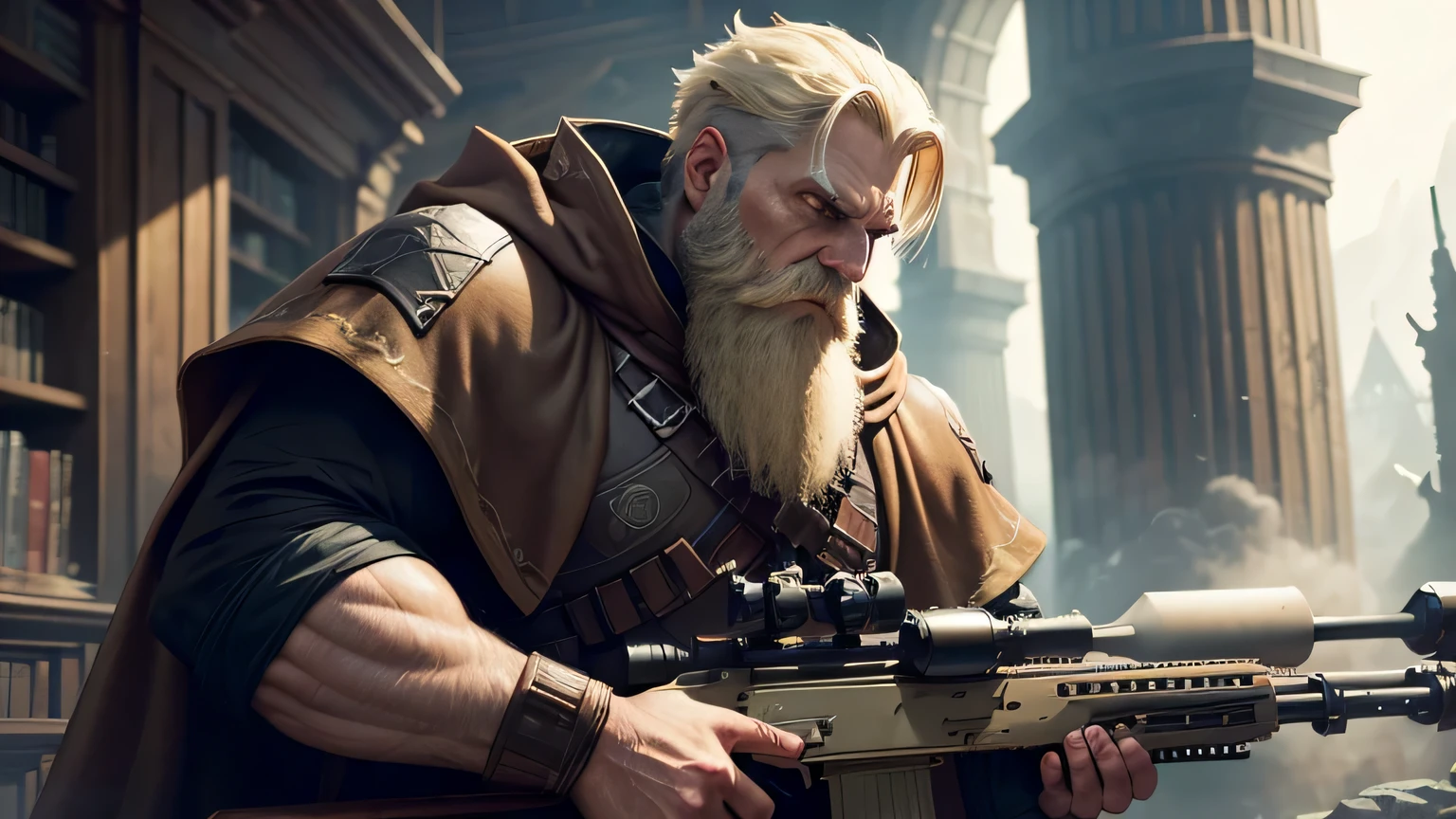 Dark Fantasy Tech Demo, comics marvel style, man, anti-hero, menacing look, ((hermit vest)), ((holding sniper rifle)), (blonde short hair), (dark blonde beard and mustache), (short beard), cloak like clothing, (brown tunic), (long tunic), (long cloak), new wizard, mystery, cinematic rendering, high dynamic range, RAW photo, (unreal engine), aesthetics, intricate, caustic, old library background, Ancient woody structure