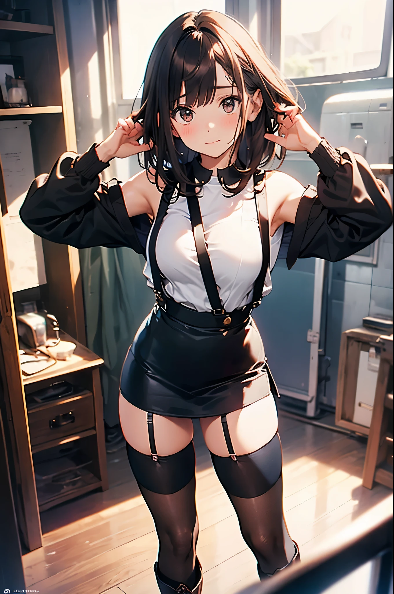 brown hair、looking at the viewer suspenders Bulging big breasts Black miniskirt garter belt knee high socks Gaze small face bangs Beauty hands up Gaze black boots provocation armpit sweat one person put your hands behind your back cutter shirt Panty shot
