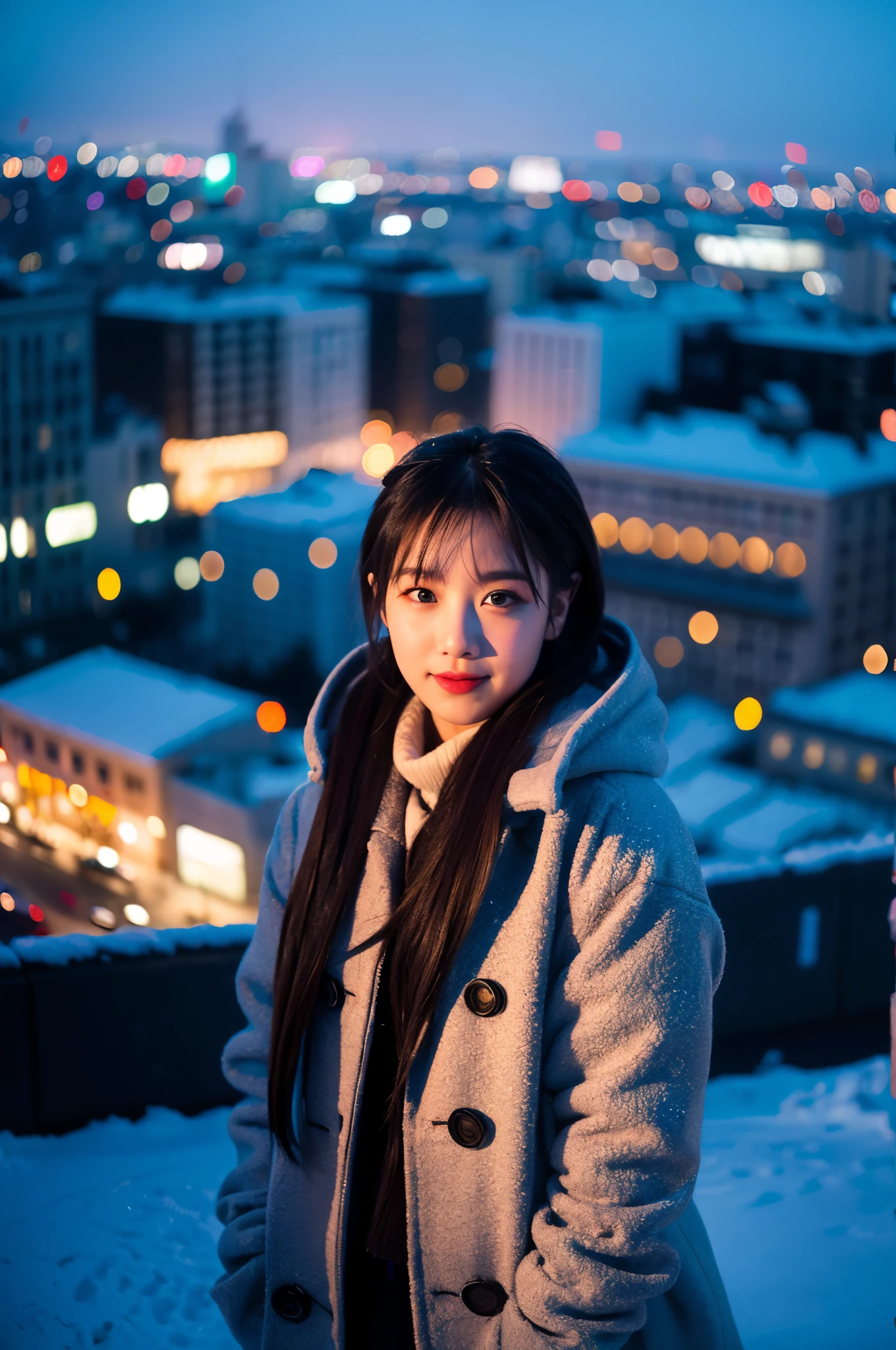 (8k, original photo, best quality, masterpiece:1.2), (actual, photo-actual:1.37),1 girl,(kpop idol), (Egiosar:1),Lovely,city View, night, winter, snow, professional lighting, photon mapping, Radiosity, Physically based rendering,