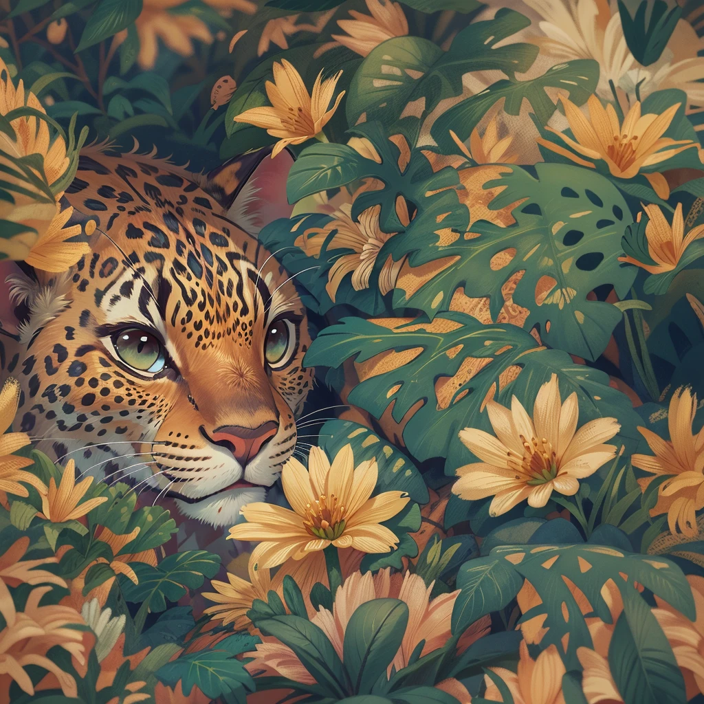 Na floresta tropical ao entardecer,The cute leopard is tired of playing,Deita-se na grama para descansar,O sol poente brilha no rosto,vista frontal,fechar-se, Pixar's cinematic style, melhor qualidade, Fotos, muito bonitinho, olhos grandes, Birds and flowers around, muito feliz,detalhes altos, alta qualidade, obra de arte, preciso, super detalhe,