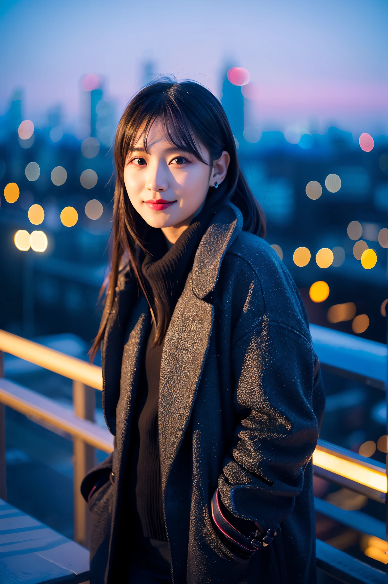 (8k, original photo, best quality, masterpiece:1.2), (actual, photo-actual:1.37),1 girl,(kpop idol), (Egiosar:1),Lovely,city View, night, winter, snow, professional lighting, photon mapping, Radiosity, Physically based rendering,
