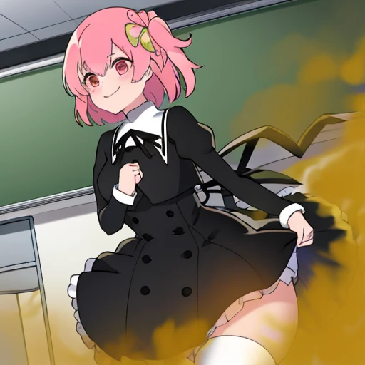 Highest image quality、(master piece:1.2)、detailed、Riri Ichiyanagi、1 girl、solo、pink hair、red eyes、fart、Are standing、a lot of gas、blush、black uniform、white inner、big breasts、Clover hair fastening、shy、put pressure on your face、loud fart sound、Feeling like diarrhea、Gas comes out of the butt、school classroom、cute pose、Satisfied smile