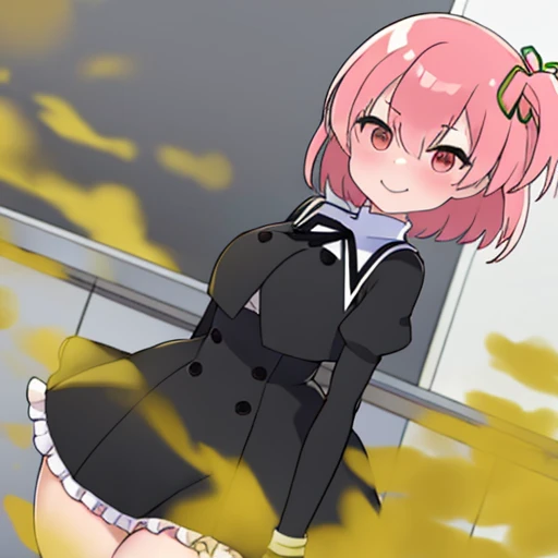 Highest image quality、(master piece:1.2)、detailed、Riri Ichiyanagi、1 girl、solo、pink hair、red eyes、fart、Are standing、a lot of gas、blush、black uniform、white inner、big breasts、Clover hair fastening、shy、put pressure on your face、loud fart sound、Feeling like diarrhea、Gas comes out of the butt、school classroom、cute pose、Satisfied smile