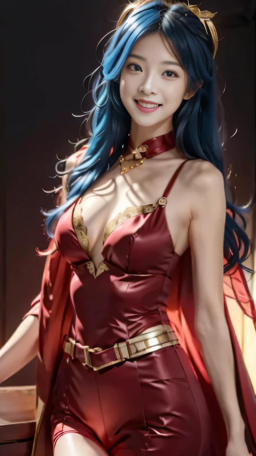 Chinese female general Hua Mulan,Saffron Hu suit lining,Detail the eyes,Crimson cape,Gold metal breastplate,golden helmet,battlefield background,majestic,Smile(open mouth)(The corners of the mouth are raised),Leather tunic,Knee armor,Half-length photo,red metal headband,light blue hair,Hair bun raised high。wild wilderness background