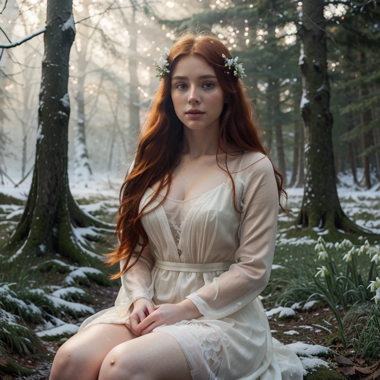 Beautiful firey red haired maiden seated, holding bouquet of snowdrops, bathed in golden light in a celtic winter woodland, she embodies the goddess Brigid, snowdrop flowers burst through patches of snow, mist, magical lighting. pre-raphaelite masterpiece, Extremely beautiful young fantasy princess in aesthetic forest, Glow, archs, red hair, Backlit hair, Photorealistic, Dreamy, soft focus effect ,Sheer dress