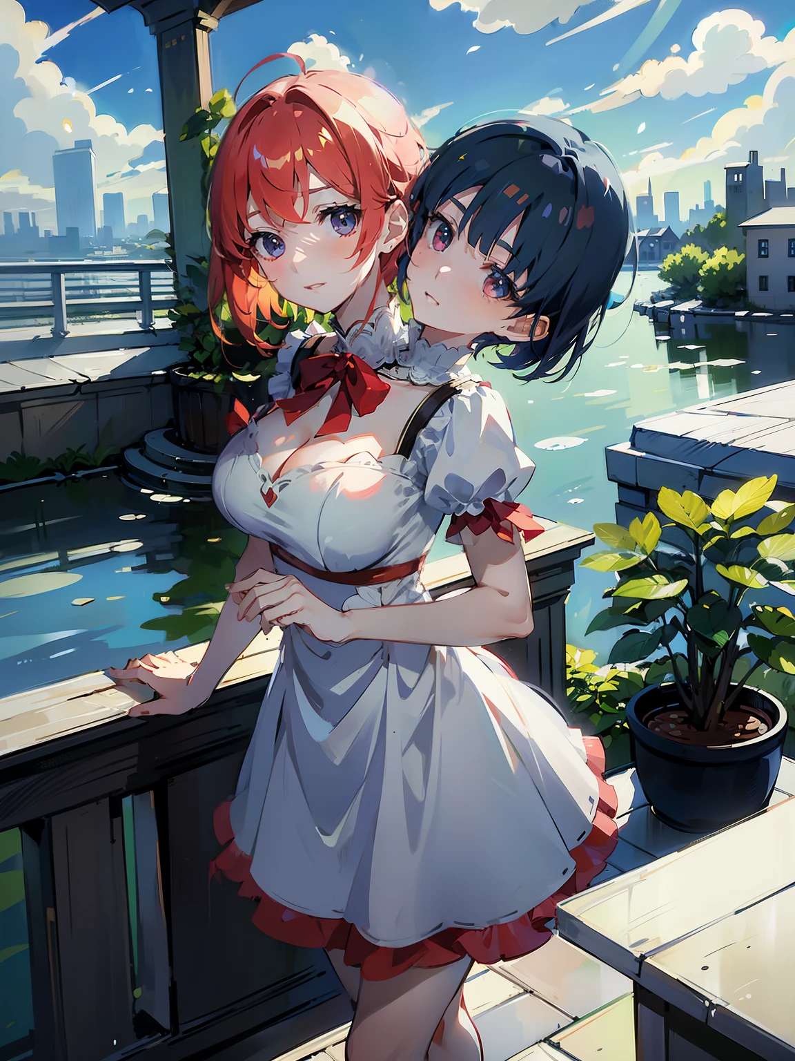 (masterpiece, best quality), best resolution, (2heads:1.5), 1girl, ,bangs,black_hair,blue_sky,bridge,building,castle,city,cityscape,cloud,day,dress,looking_at_viewer,outdoors,red_neckwear,red_ribbon,ribbon,river,short_hair,short_sleeves,sky,skyscraper,solo,standing,town,water,(masterpiece,anime,newest,new,exceptional:1.2),