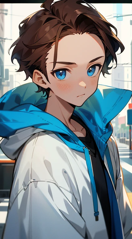 1 boy, About ,handsome boy, brunette hair, comma hair, comma forehead hair, korean hair, street style, hoodie, bright, blue eyes, View system screen, Upper body, white tone, fantastic atmosphere, soft light,frontal face