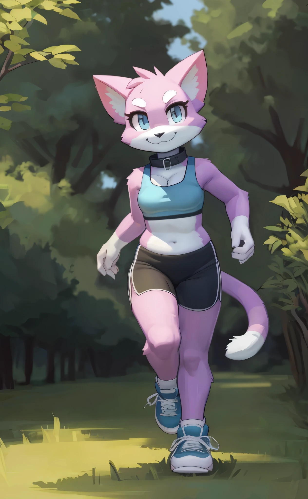 [Shima Luan], [planet dolan], [Uploaded to e621.net; (wamudraws), (Pixelsketcher)], [Uploaded to twitter.com: (@senip)], ((masterpiece)), ((HD)), ((high res)), ((solo portrait)), ((full body)), ((front view)), ((feet visible)), ((furry; anthro)), ((detailed fur)), ((detailed shading)), ((beautiful render art)), {female anthro cat; (pink fur), (cute light-blue eyes), (long eyelashes), (white eyebrows), (sharp white claws), (curvy hips), (beautiful legs), (cute smile)}, {(aqua-green sports bra), (cleavage), (black yoga shorts), (black collar), (aqua-green sneakers)}, {(jogging), (looking at viewer)}, [background; (park), (grass), (blue sky), (sun rays), (ambient lighting)]

