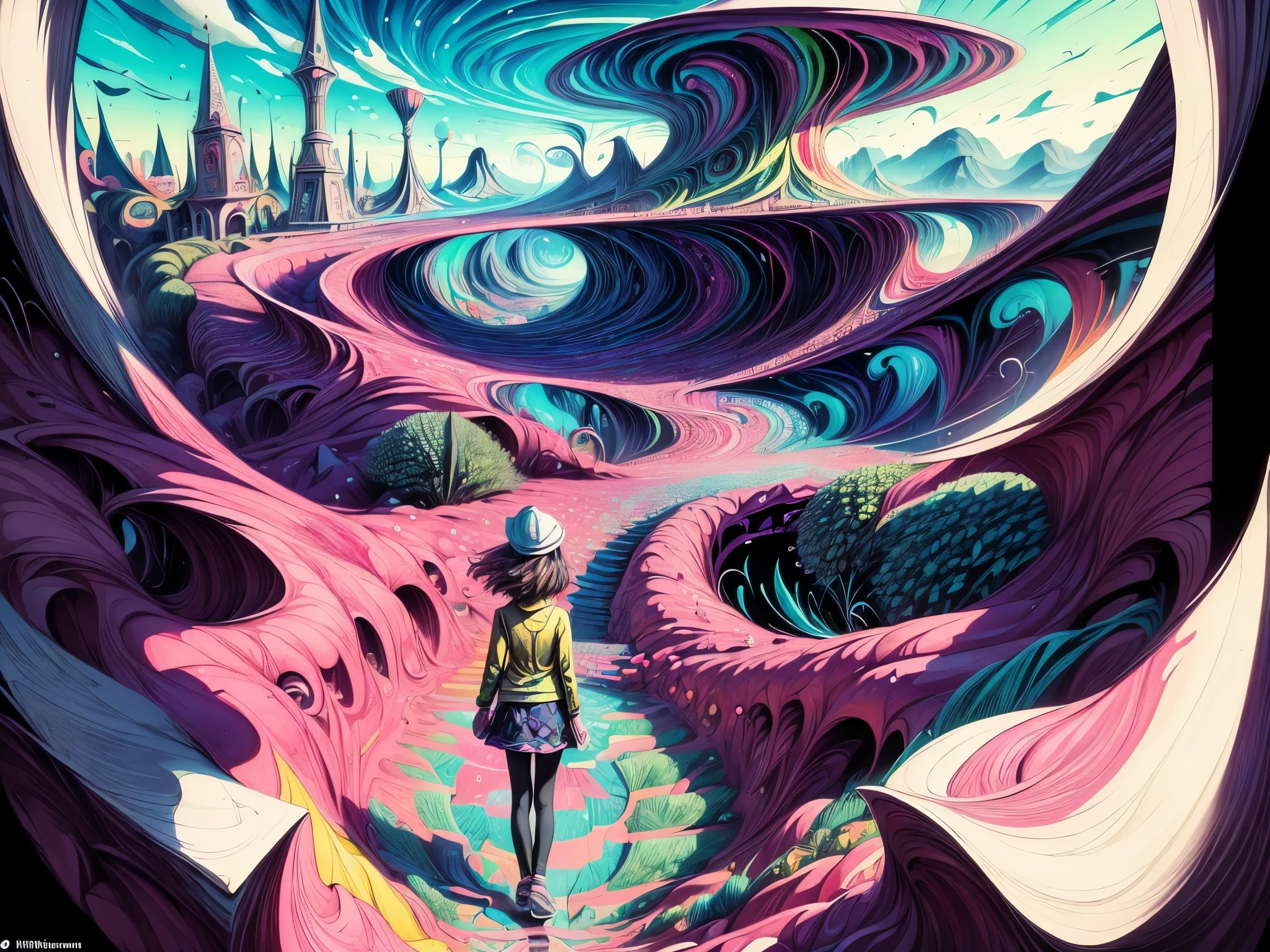 (surrealistic:1.2,colorful,bright colors,high-res,ultra-detailed:1.2) girl walking on the road with optical illusion effect, vibrant surroundings, distorted perspective, dreamlike scenery, surreal atmosphere, vibrant colors, vivid illustrations