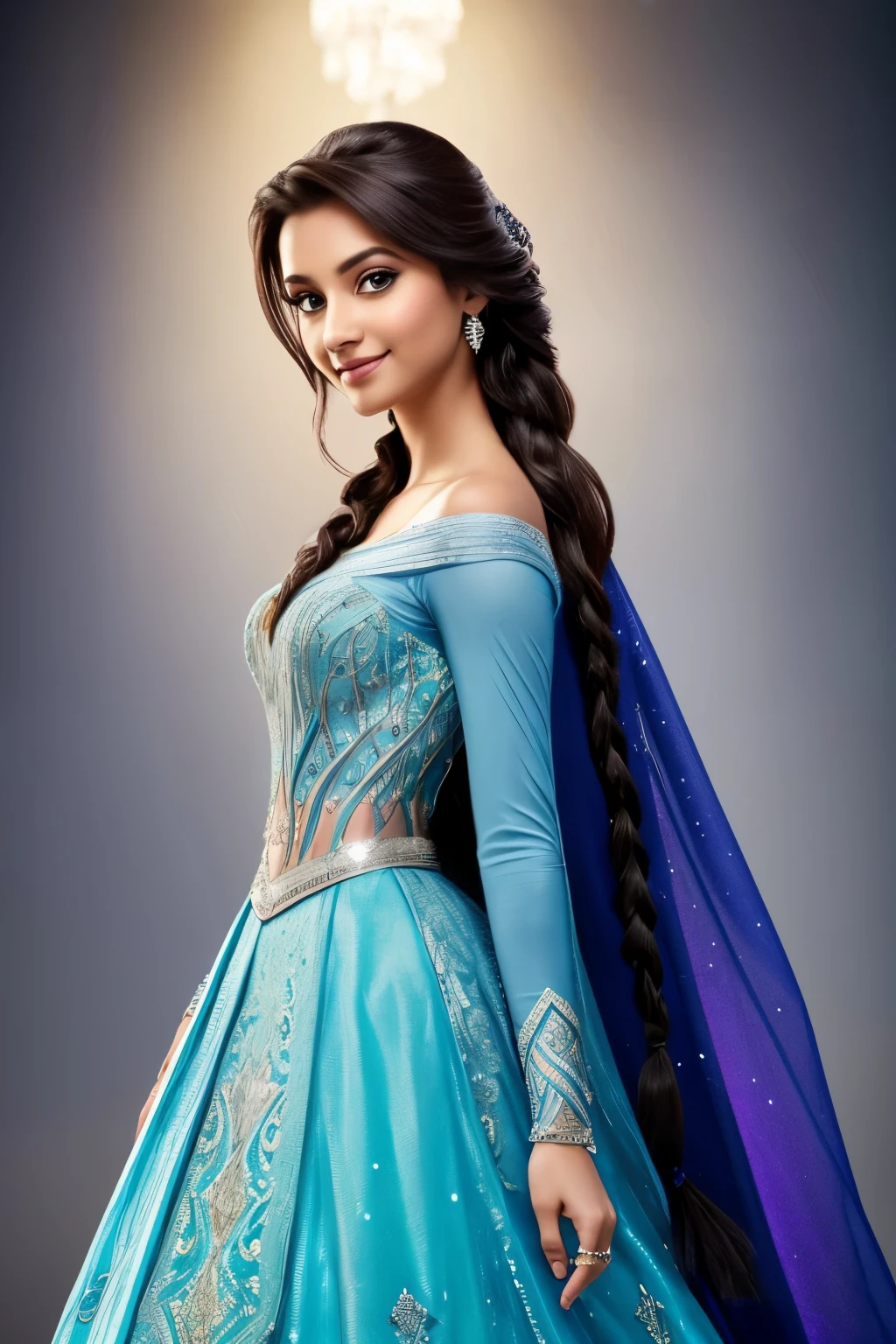 Elsa from Frozen, the dynamic and enchanting 23-year-old Indian girl, is depicted in magnificent detail. With her expressive eyes and radiant smile, she exudes an ethereal allure, captivating the viewer's imagination.

Elsa's intricately designed frozen dress cascades gracefully, shimmering in the ethereal, soft-focus light. The dress, with its delicate, well-defined stitching and luminous fabric texture, catches the eye, leaving one in awe of its beauty.

Her long, flowing dark hair is styled artfully, swaying gently as if swept by an invisible breeze. Flecks