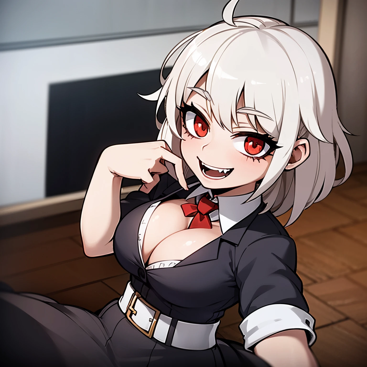 Anime style image of a girl with short white hair, red eyes, big breasts and a sadistic and crazy smile. She has two huge fangs protruding from her mouth. She wears a uniform, a very tight schoolgirl uniform, and is in a classroom. 