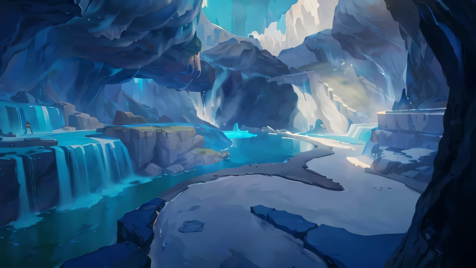 Picture of waterfall in cave,The background is a waterfall, background art, Few details. digital painting, painted as a game concept art, stylized concept art, cave background, 数字 concept art, Detailed number, Water holes, background artwork, concept art. epic scenery, waterfall cave, Cave with waterfall, environment concept art