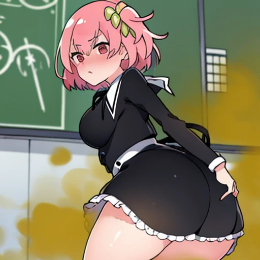 Highest image quality、(master piece:1.2)、detailed、Riri Ichiyanagi、1 girl、solo、pink hair、red eyes、fart、Are standing、a lot of gas、blush、black uniform、white inner、big breasts、Clover hair fastening、shy、put pressure on your face、loud fart sound、Feeling like diarrhea、Gas comes out of the butt、school classroom、cute pose、Hold your buttocks