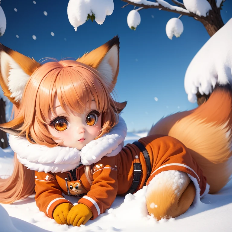 Fox costume fox ears girl chibi character in the snow