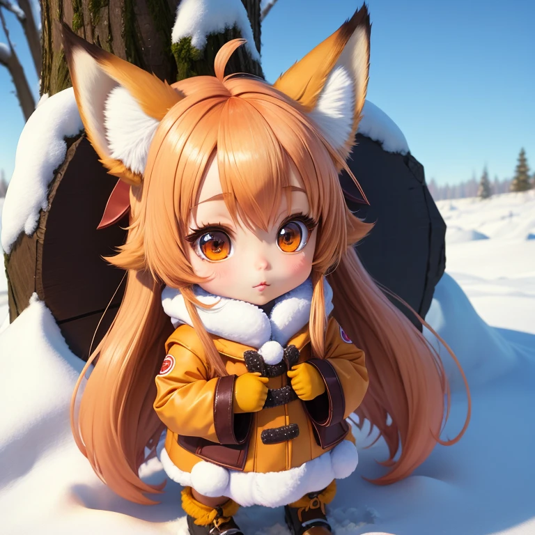 Fox costume fox ears girl chibi character in the snow