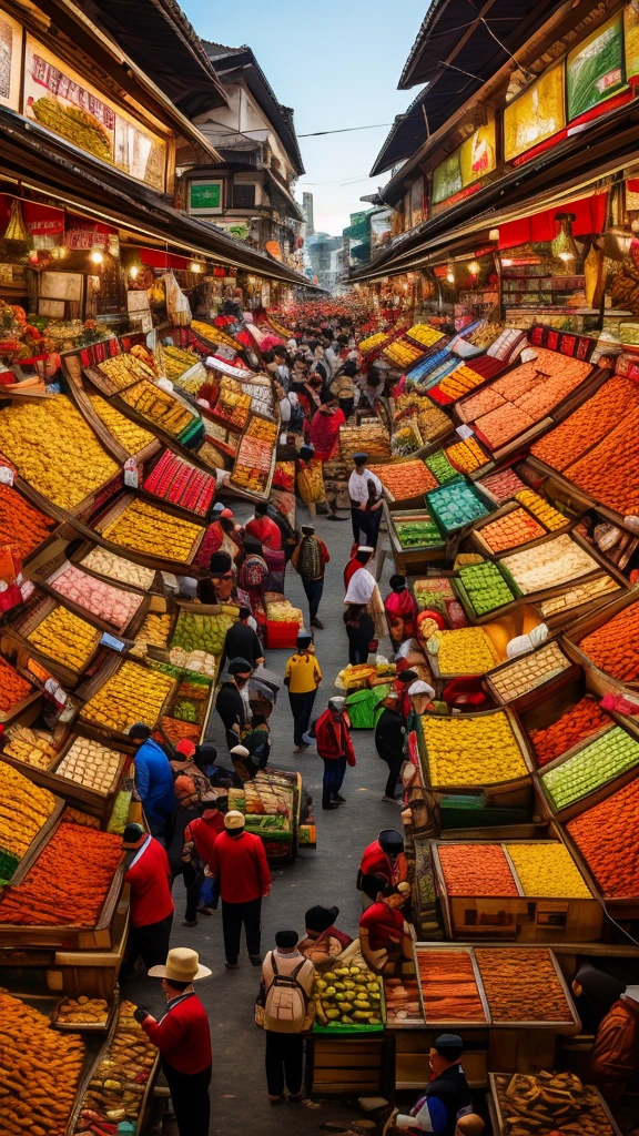(highres,photorealistic)landscape photo of traditional market in Jakarta, Indonesia,[rack of selling items,abundance of merchandise crowded with various goods,Colorful array of products,sellers arranging their items in an organized manner],buyers passing by in a hurry, people engage in traditional trading, traditional way of exchanging goods, cinematic scene with vibrant energy, immersive photo-realistic representation of the market, 3D render capturing the essence of the bustling market.