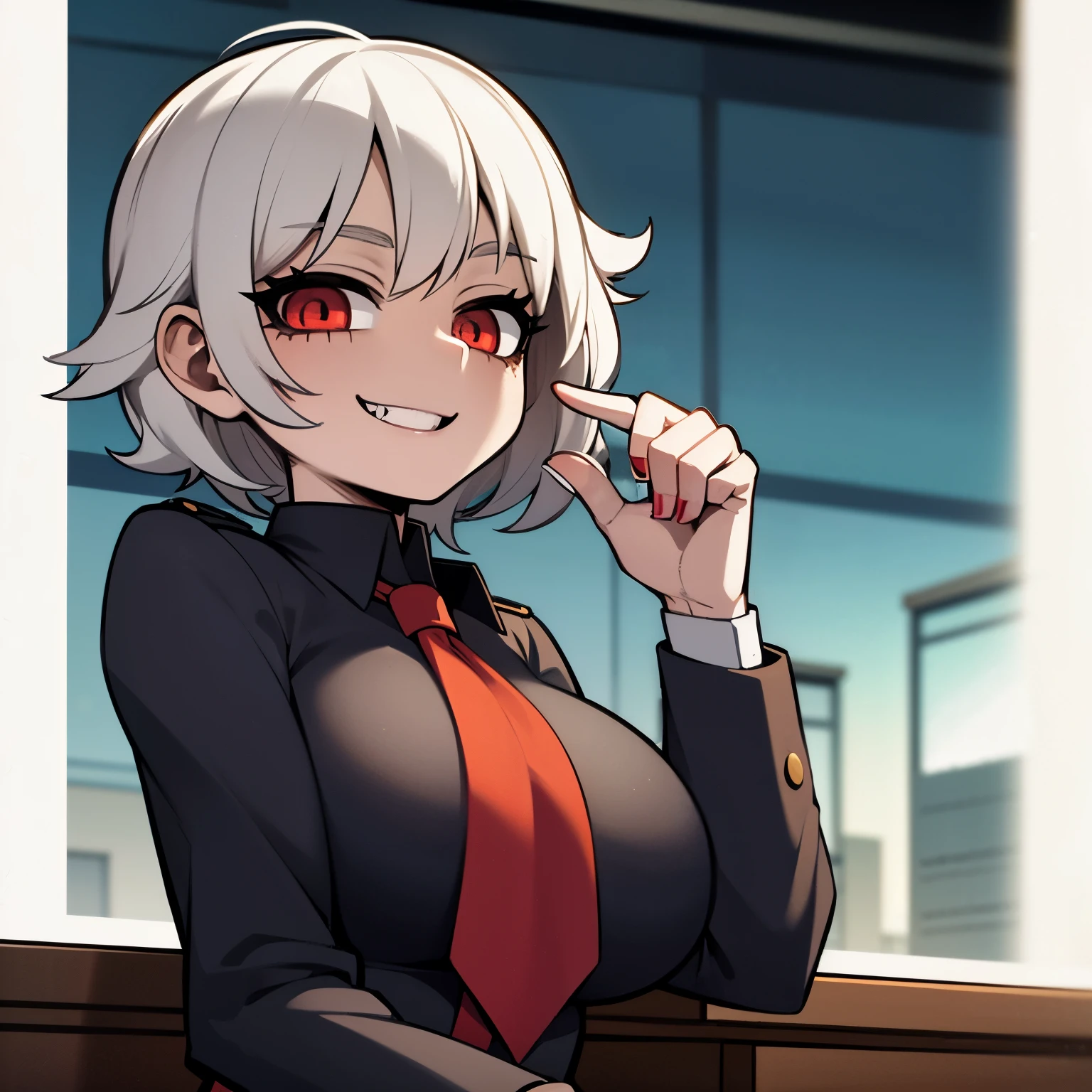 Anime style image of a girl with short white hair, red eyes, big breasts and a sadistic and crazy smile, she is wearing a uniform, a very tight schoolgirl uniform, and she is in a classroom.