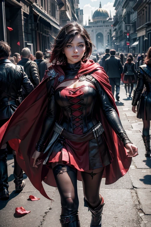 (masterpiece,stunning girlfriend, (standing:1.1), dynamic pose, heart shaped face, elegant face, beautiful face, highly detailed face, highly detailed skin, skin pores, subsurface scattering, realistic pupils, looking at viewer, full face blush, full lips, detailed background, depth of field, atmospheric perspective, volumetric lighting, sharp focus, absurdres, realistic proportions, good anatomy, (realistic, hyperrealistic:1.4), 16k hdr, (masterpiece, best quality), 1girl, ruby_rose, smile, cape, dress, red cape, crescent rose, boots, pantyhose, hood, petals, corset, standing in palace, suits of armor on display, crowds