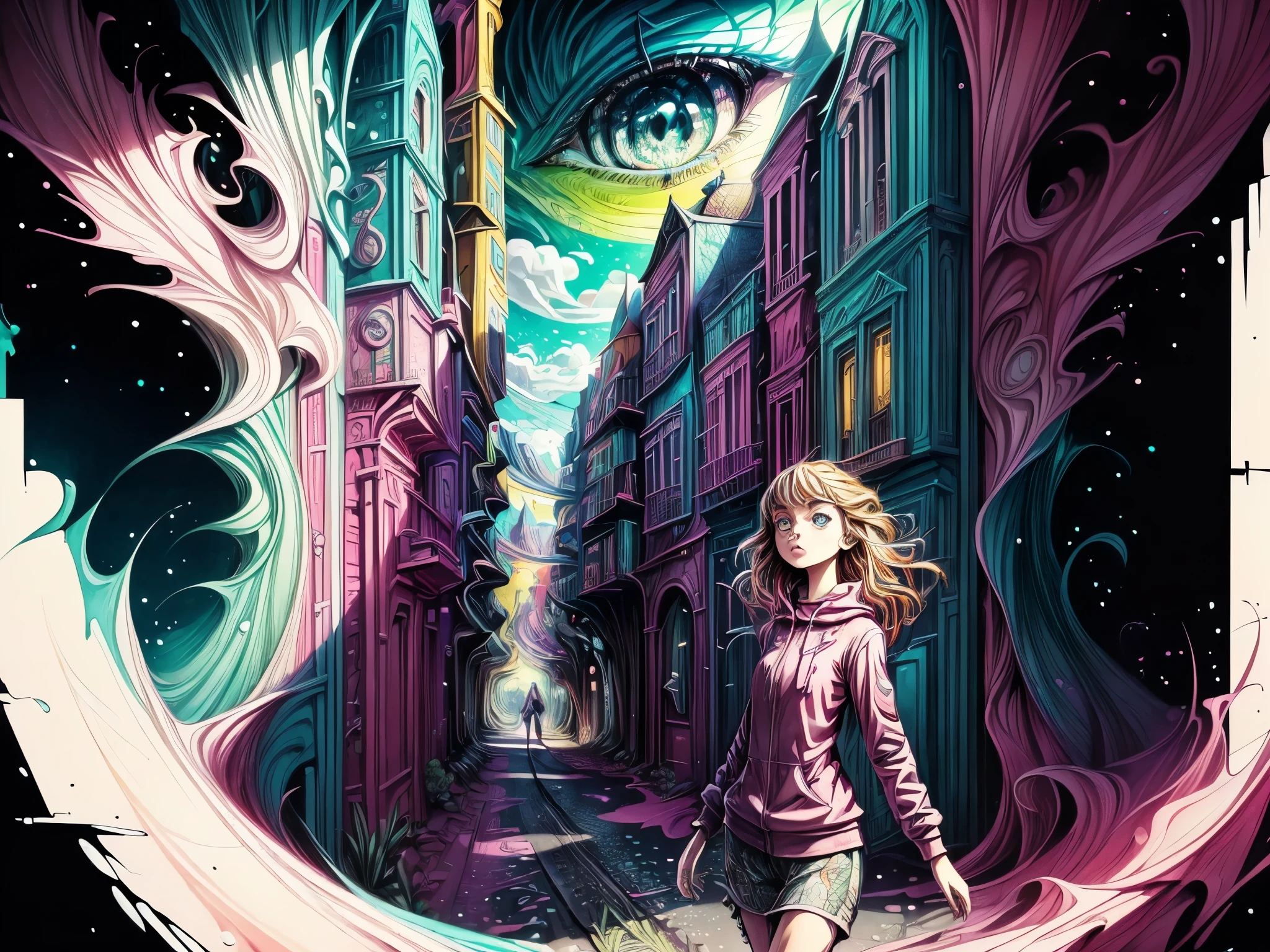 (surrealistic:1.2,colorful,bright colors,high-res,ultra-detailed:1.2) girl walking on the road with optical illusion effect, vibrant surroundings, distorted perspective, dreamlike scenery, surreal atmosphere, vibrant colors, vivid illustrations